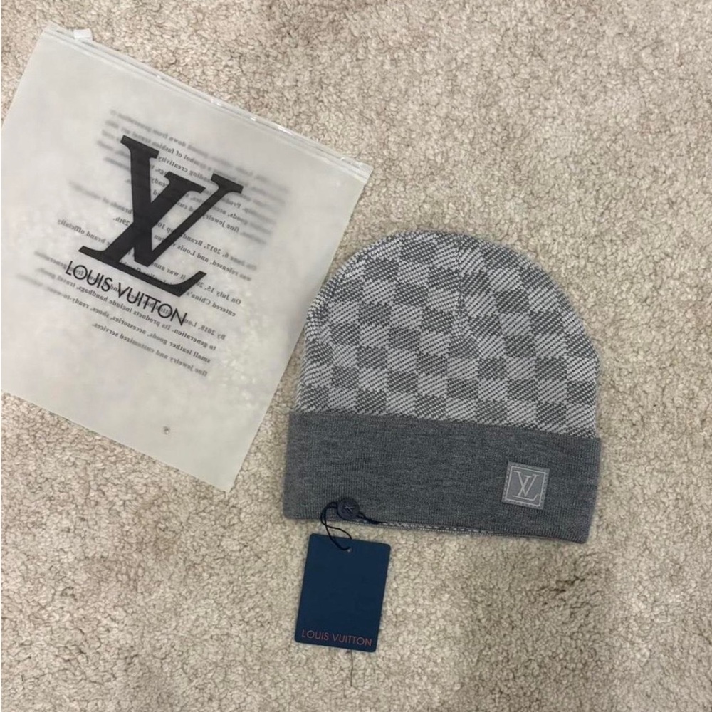 Louis Vuitton Grey Checkered Knit Beanie with LV Patch